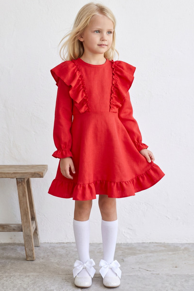Parla Kids Kız Çocuk Catherine Kırmızı Fiyonklu Fırfırlı Uzun Kol Keten 23 Ni...