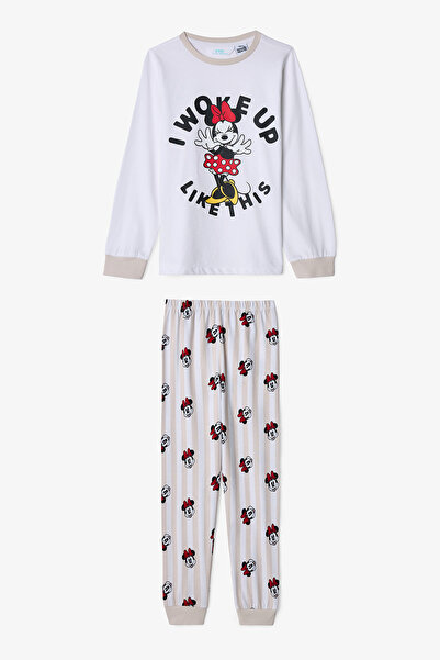 Penti Optical White Girl's Minnie Mouse Cotton Long Sleeve 2-Piece Pajama Set