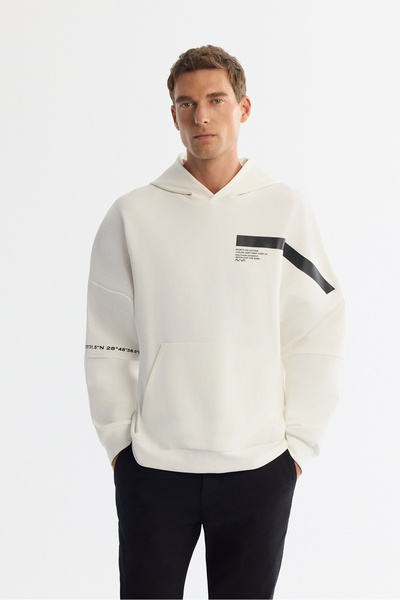 Avva Erkek Ekru Kapüşonlu Pamuklu Baskılı Elastan Oversize Fit Sweatshirt A42...