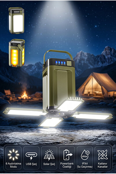 MAKAMP USB Şarjlı Katlanabilir LED Kamp Feneri Powerbank Özellikli Taşınabili...