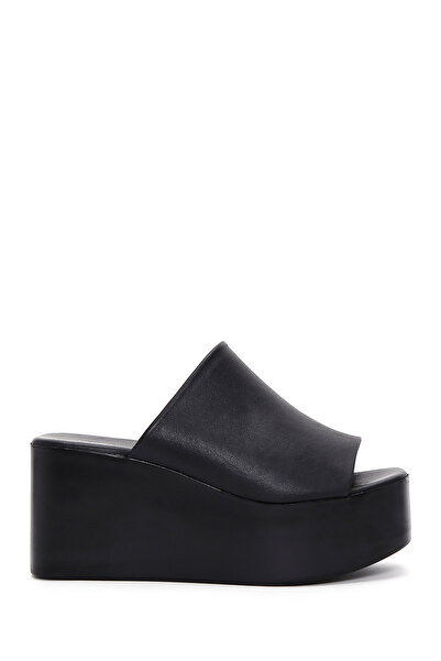 Derimod Women's Black Leather Slippers with Filled Heels 26Sfd152018
