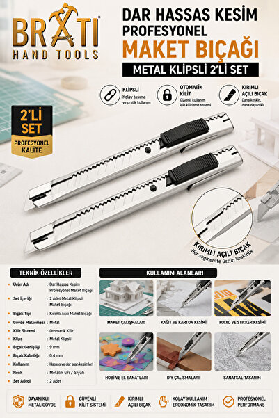 BRATİ HAND TOOLS Dar Hassas Kesim Profesyonel Maket Bıçağı Metal Klipsli 2'li...