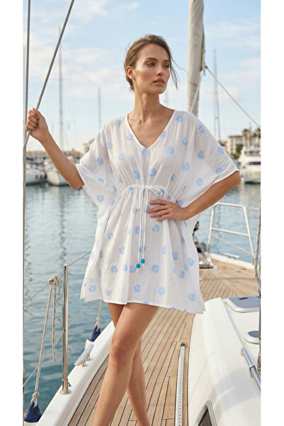 Eight Fashion Kadın Mavi Çiçek Desenli Belden Bağlamalı Plaj Kaftan Mayo Üstü...