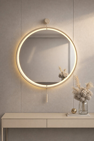 MetaQuartz Aksesuar Kablosuz Ledli Krem Masive Ayna 50x75 cm , Modern Metal L...