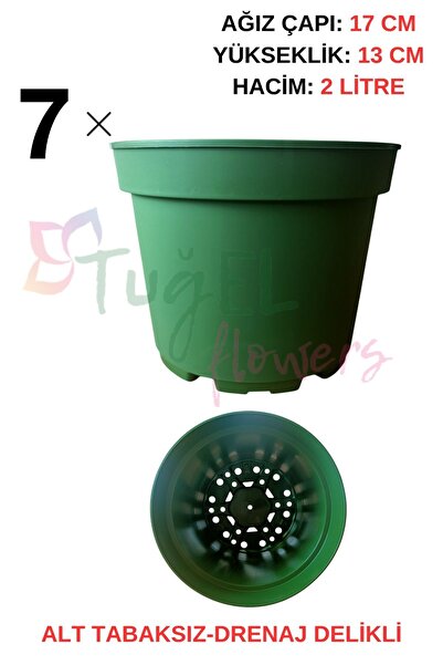 Tuğel Flowers 7 Adet (KOYU YEŞİL)Plastik Saksı 2 LİTRELİK (ALT TABAKSIZ)