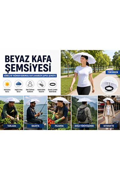 Eşya Dünyası Beyaz Kafa Şemsiyesi Güneş ve Yağmur Korumalı Katlanabilir Şapka...