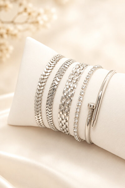 Silver 5-Piece Zircon Stone Detail Women's Bracelet Combination