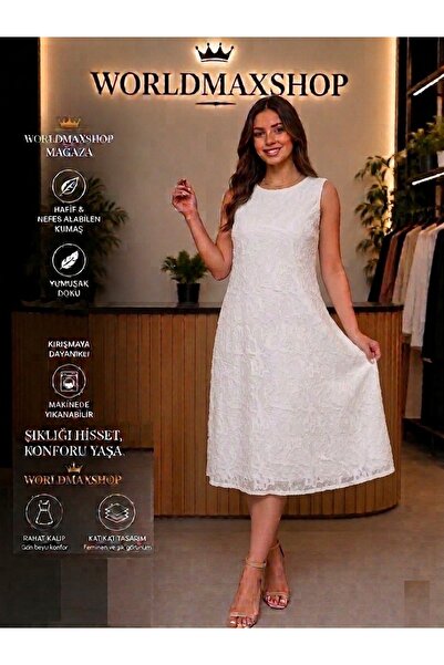 worldmaxshop Büyük Beden Beyaz Kabartma Desenli Tül Elbise (48-50 Beden)