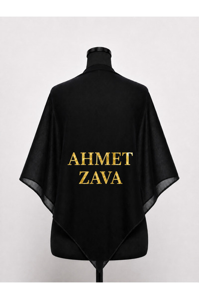 ELYNA İsimli Siyah Şifon Damat Zava Omuz Örtüsü Baskılı Gold Yazılı