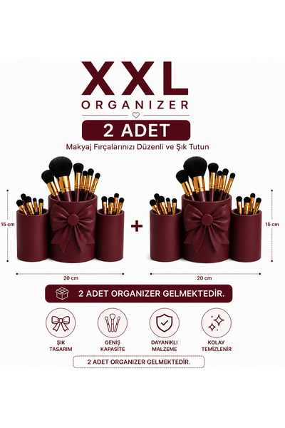 HEDİX DİGİTAL HEDIX حامل أقلام/فرشاة مكتبية مزخرفة باللون الأحمر الداكن، 3 قط...