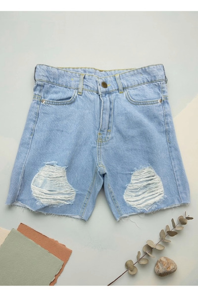 meyastore Kız Çocuk Şort Yırtık Detaylı Püsküllü Denim