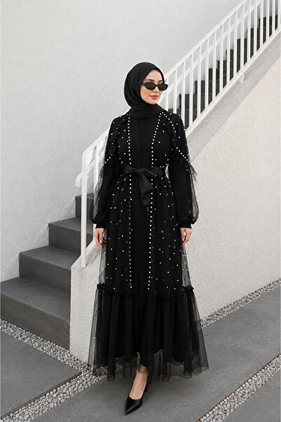 bellura Taş Ve İnci Detaylı Kemerli İkili Abaya Takım