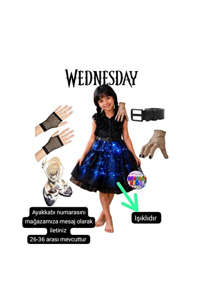 3b kids wednesday ışıklı elbise + wednesday topuklu ayakkabı + wednesday el +...