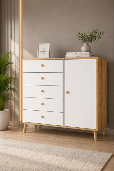 Kardelahome Kardela Premium Mdf Şifonyer 5 Çekmeceli Kapaklı Dolaplı Beyaz At...