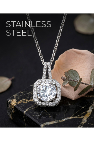 stainless steell قلادة فضية اللون مربعة الشكل من الحجر الأبيض على شكل حرف S م...