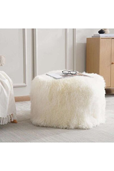 PAN HOME Orra Mongolian Fur Pouf 45x45x40cm - Ivory