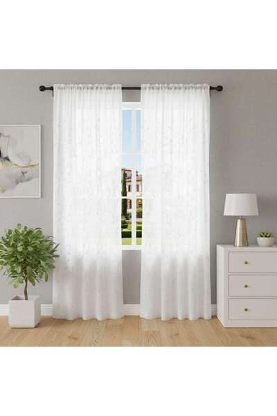 PAN HOME زوج ستائر شفافة بنقش أوراق الشجر 135×300 سم - أبيض