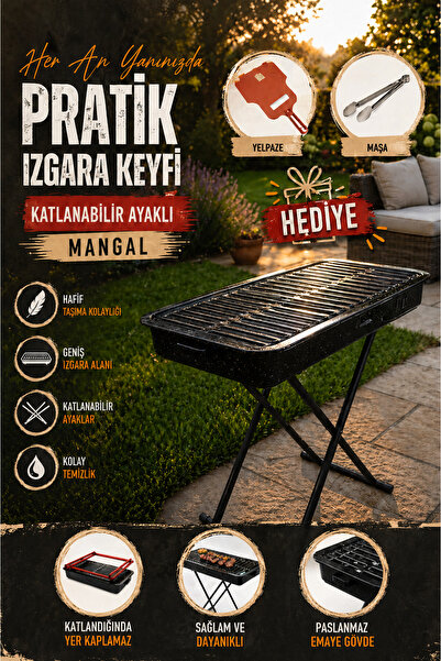 Kampavm 65 cm Geniş Izgaralı Emaye Katlanır Ayaklı Mangal Yelpaze Ve Maşa Hed...