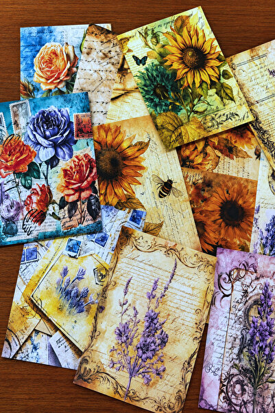 stickybloom Ayçiçeği Temalı A6 Vintage Scrapbook Kağıtları 28 Adet Journal/Sc...