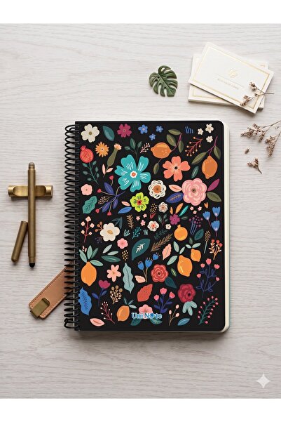 DKareLabs Sert Kapak Çizgili Floral Defter 100 yaprak