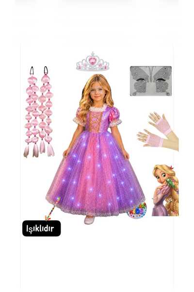 3b kids ışıklı rapunzel kostüm elbise pembe rapunzel bubble saç taç eldiven y...