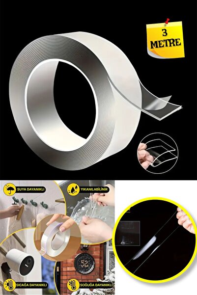 TOYFEST Güçlü Çift Taraflı 3 METRE x 3 CM x 2 MM Et Kalınlığında Nano Bant (İ...