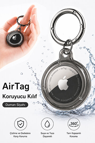 CONOCER Saydam Siyah AirTag Kılıfı Silikon Kapaklı Metal Karabina Askılı Su G...