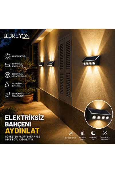 LEDREYON Güneş Enerjili Çift Yönlü 20W Solar Duvar Aplik Dış Mekan Aydınlatma...