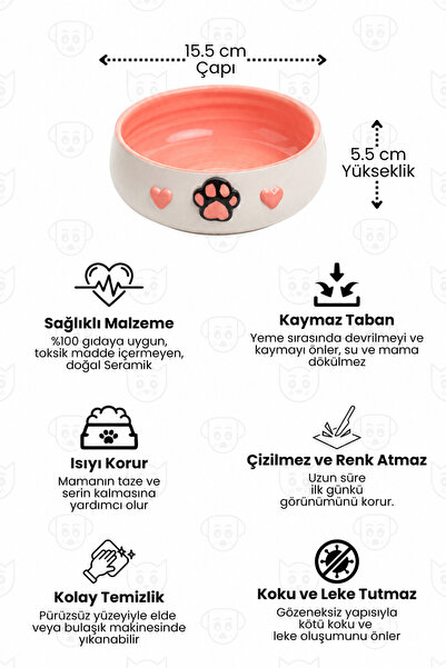 Pawicci 2'li Seramik Kabartma Pati Desenli Mama Kabı – Kedi ve Köpekler için Paspaslı Kaydırmaz Mama ve Su Kasesi - 600 ml