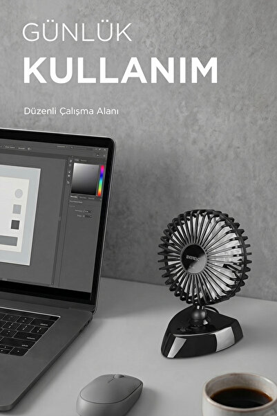 Everest Efn-504 360 Derece Dönüş Çift 2 Kademeli 3200rpm Taşınabilir Mini Masaüstü Siyah Usb Fan Vantilatör