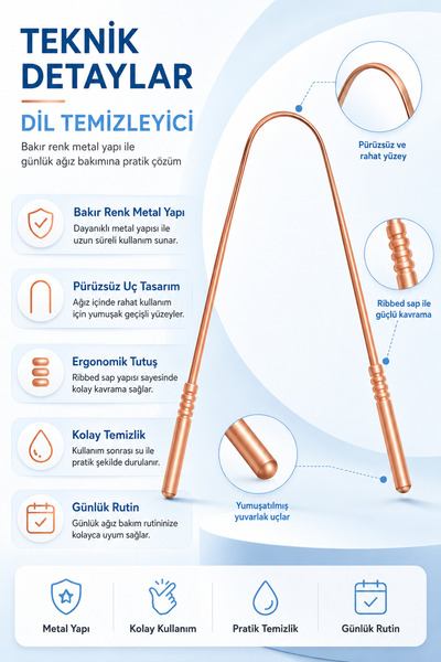 Beatitude Bakır Renk Dil Temizleme Aparatı Ayurveda Yoga Dil Kazıma Çubuğu Temizleyici Sıyırıcı Ağız Temizliği