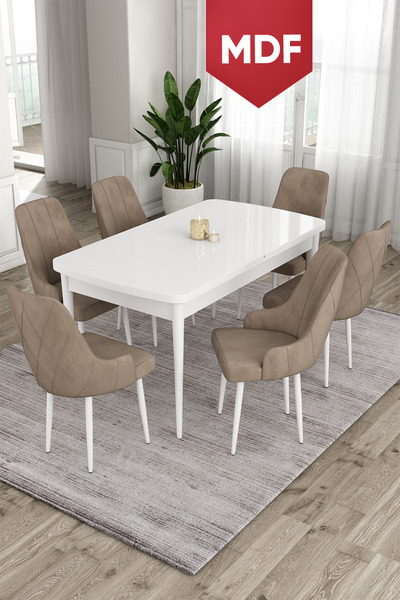 Canisa Concept Ram Serisi 80x132 MDF Açılabilir Mutfak Masası Takımı Beyaz Ma...