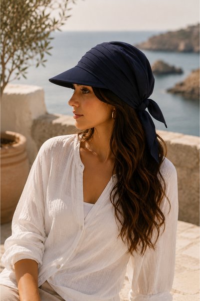 Wearflawless قبعة باندانا نسائية باللون الأزرق الداكن، قبعة صيفية واقية من الشمس، قبعة للشاطئ والبحر