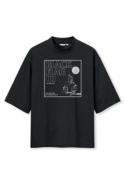 buzagi tasarım ürünleri Black Flag Digital Print Oversize Black Unisex T-Shirt