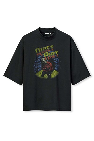 buzagi tasarım ürünleri Quite Riot Digital Print Oversize Black Unisex T-Shirt