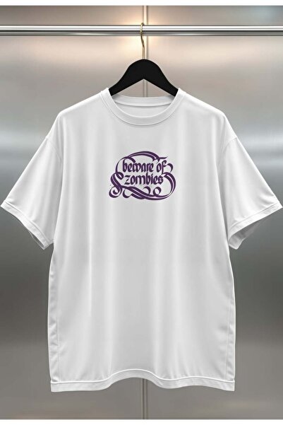 buzagi Beware of Zombies Digital Print Oversize Unisex White T-Shirt