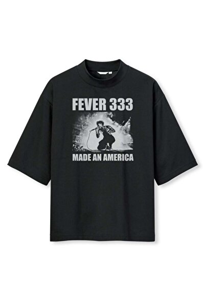 buzagi tasarım ürünleri Fever 333 Digital Print Oversize Black Unisex T-Shirt