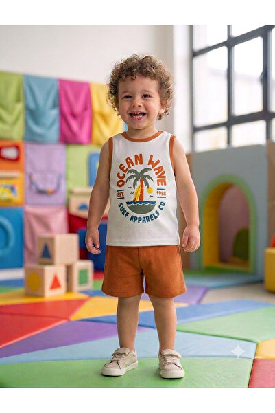 Erkek Bebek Ocean Wave Baskılı % 100 Pamuklu Atlet - Şort Takım (6-24 Ay)
