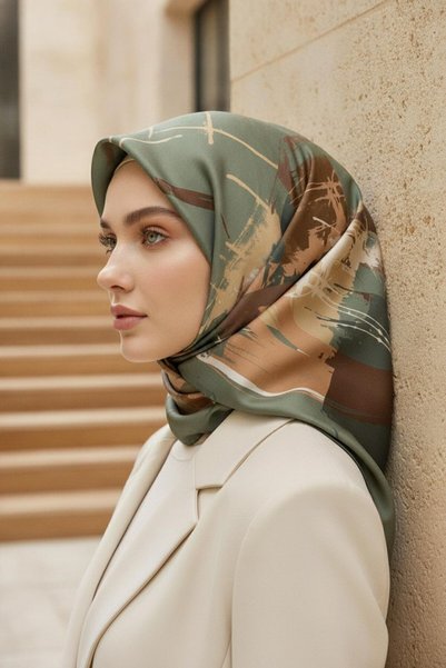 Vissona %100 Twill İpek Geometrik Desenli Çağla - Bakır Renkli 90x90 Eşarp Dikim Şekli : El Dikişi
