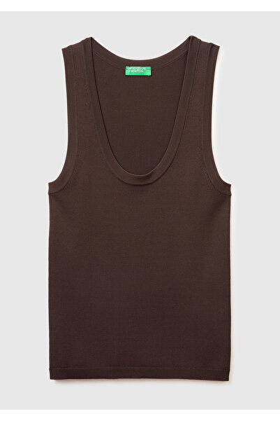 United Colors of Benetton Women's brown viscose blend slim fit wide round nec...