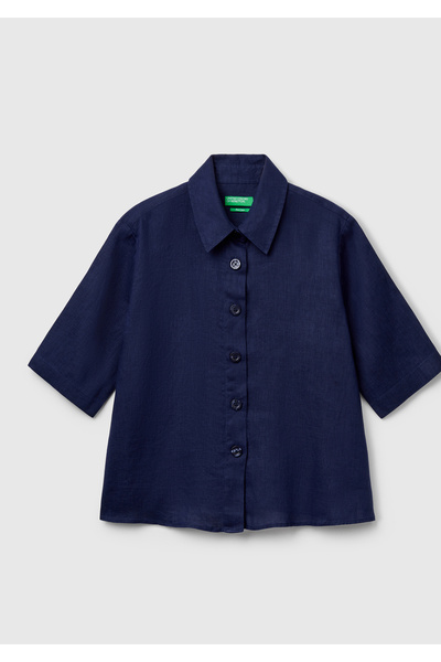 United Colors of Benetton Women's Navy Blue 100% Linen Half Sleeve Plain Shirt