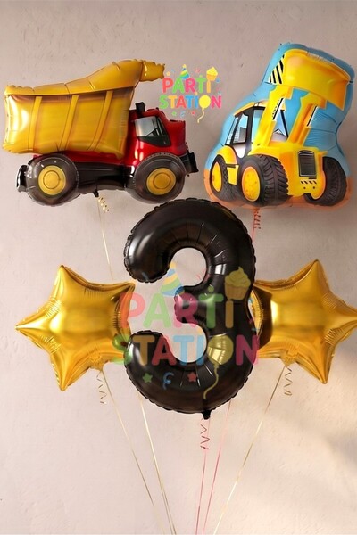 Parti Station Kamyon Dozer Kepçe Inşaat 3 Yaş Balon Set Yıldız Balon Set Kamy...