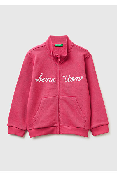 United Colors of Benetton Kız Çocuk Koyu Pembe Simli Grafik Baskılı Logolu Ce...