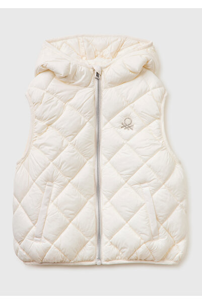 United Colors of Benetton Girl's Ecru Chest Logo Diamond Patterned Hooded Qui...