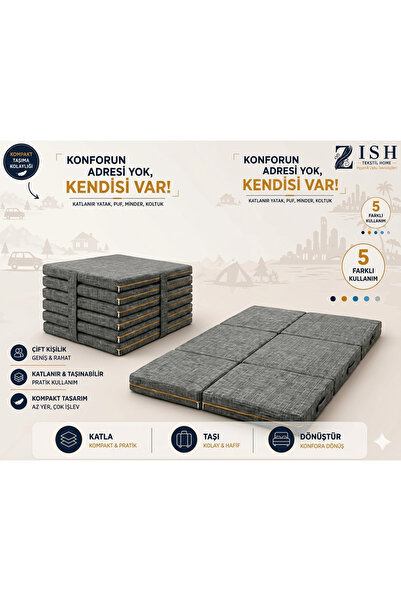 zishtekstil Multipurpose 5 in 1 Gri Çift Kişilik Katlanır Süngerli Misafir Ye...