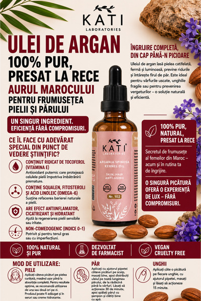 KATI Ulei de Argan Presat la Rece - 100% Pur si BIO, Fara Parfum Sintetic, Anti-Age si Hidratare Intensa, pentru Piele, Par si Unghii, 50 ml