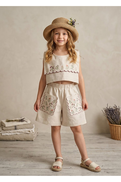 Ozmoz By Mukadder Özden Cotton Linen Floral Printed Summer Girls' Blouse Shor...