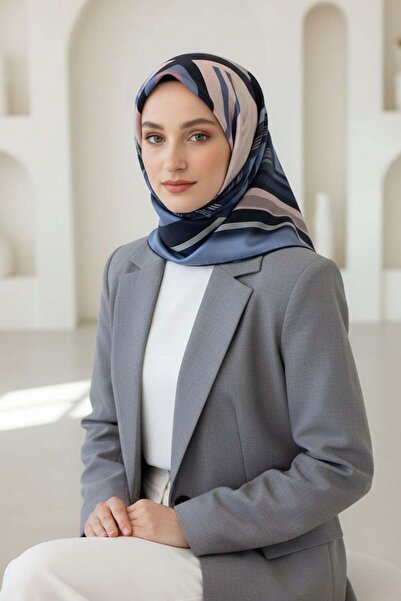 Vissona %100 Twill İpek Kare Desenli İndigo - Pudra Renkli 90x90 Eşarp Kenar ...
