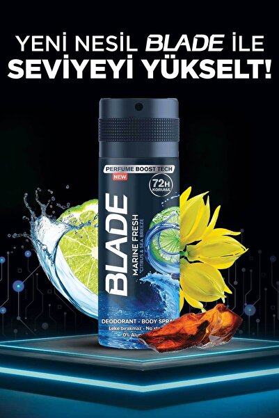 Blade Marine Fresh Erkek Alüminyumsuz Deodorant Body Spray 3x150ml Hızlı Kurur,Leke Bırakmaz