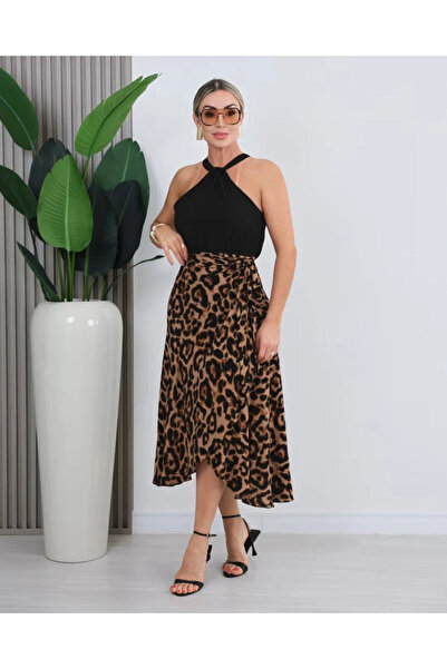 Butik Women's Front-Tie Leopard Patterned Single Jersey Long Skirt